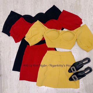 Set áo trễ vai nút bọc