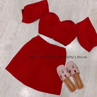 Set áo trễ vai nút bọc