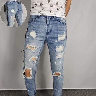 Quần Jean Nam xanh trắng vá 003