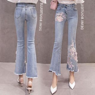 Quần jean ống loe kết hợp hoa vải voan hàng độc lạ không đụng hàng 120