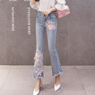 Quần jean ống loe kết hợp hoa vải voan hàng độc lạ không đụng hàng 120