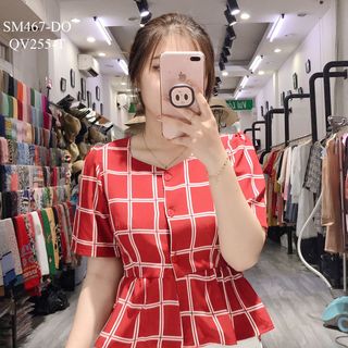 SƠ MI PEPLUM CARO TAY CON