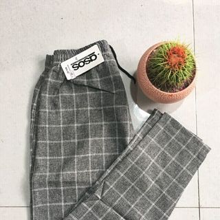Quần baggy vải kẻ caro xám
