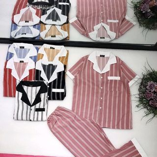 Lụa sọc quần dài tay ngắn phối màu