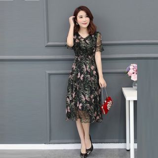 Đầm Xòe Voan Hoa 3D Tay Loe