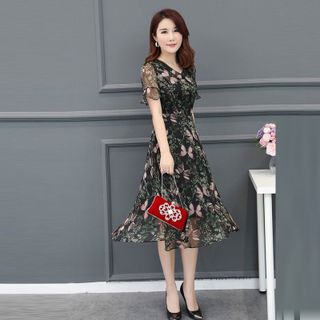 Đầm Xòe Voan Hoa 3D Tay Loe