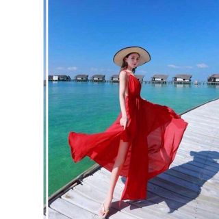 Đầm Maxi Cổ V Đỏ Đan Dây