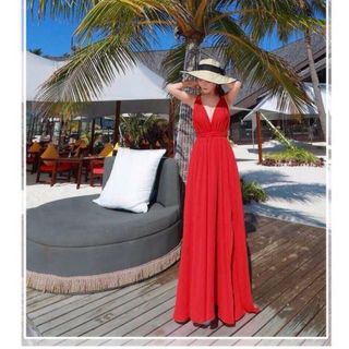 Đầm Maxi Cổ V Đỏ Đan Dây