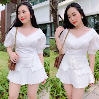SET BỘ ÁO CỔ V TAY BỒNG CHÂN VÁY XÒE