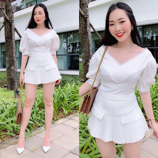 SET BỘ ÁO CỔ V TAY BỒNG CHÂN VÁY XÒE