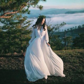 Đầm Maxi Cổ V Tay Dài Nút Ngọc TRai
