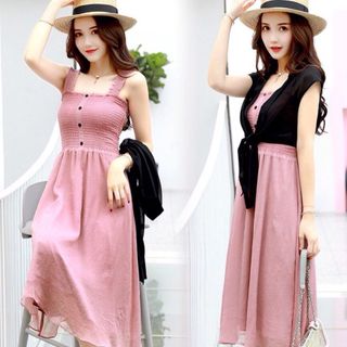 Đầm Maxi Cúp Ngực Áo Rời Hồng Ruốc