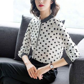 Áo Sơ Mi Chấm Bi Cổ Trụ 2 Màu Viền Thanh Lịch