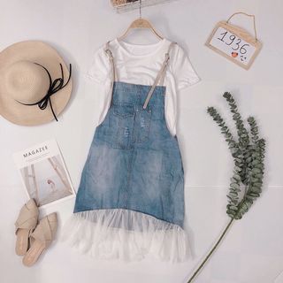 Set yếm jean áo thun Yếm jean 2d form suông dễ mặc phối lưới viền đuôi cá