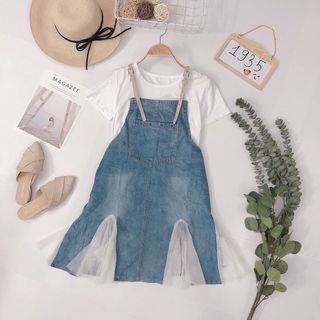 Set yếm jean áo thun Yếm jean 2d form suông dễ mặc phối lưới viền đuôi cá