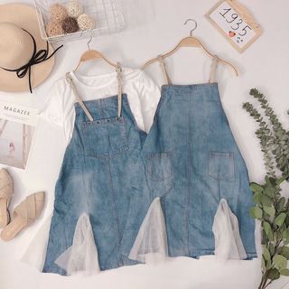 Set yếm jean áo thun Yếm jean 2d form suông dễ mặc phối lưới viền đuôi cá