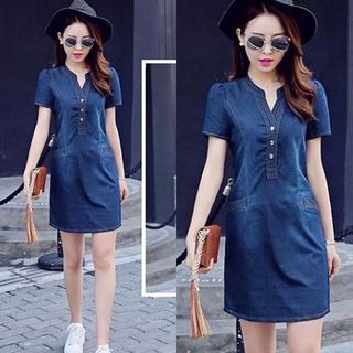 Đầm Jean Suông Cổ V Túi Xéo - M L XL XXL