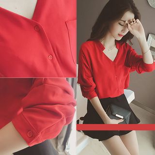 ÁO CỔ V trắng đỏ đen