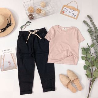 Set bộ áo thun xoắn eo quần baggy