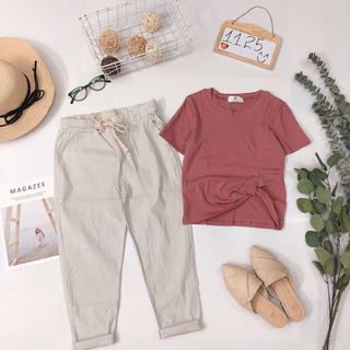 Set bộ áo thun xoắn eo quần baggy