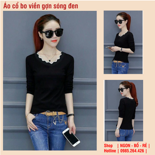 áo cổ viền gợn sóng kẻ đen trắng