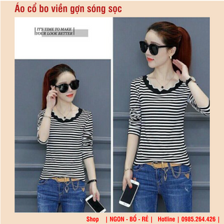 áo cổ viền gợn sóng kẻ đen trắng