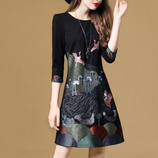 ĐẦM SUÔNG ĐEN IN HẠC công sở đẹp
