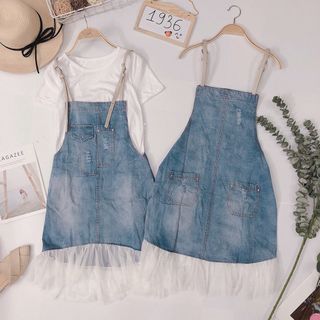 Set yếm jean áo thun Yếm jean 2d form suông dễ mặc phối lưới viền đuôi cá