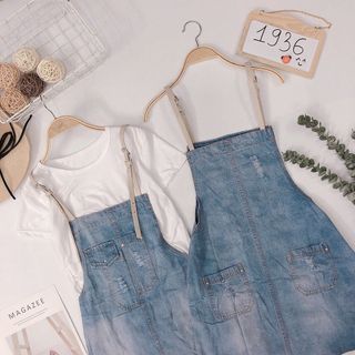 Set yếm jean áo thun Yếm jean 2d form suông dễ mặc phối lưới viền đuôi cá
