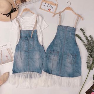 Set yếm jean áo thun Yếm jean 2d form suông dễ mặc phối lưới viền đuôi cá