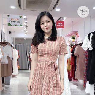 đầm caro viền ren nơ eo giá sỉ