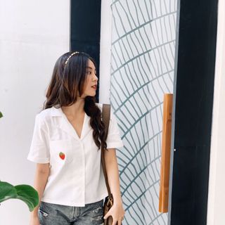 Áo somi thêu quả hình chụp thật- gia công và bán sỉ