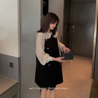 Đầm suông nút tay phối voan phong cách hàn quoc