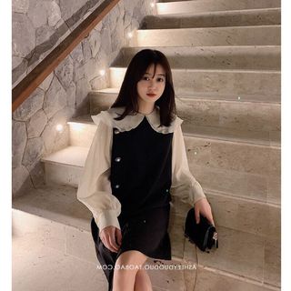 Đầm suông nút tay phối voan phong cách hàn quoc