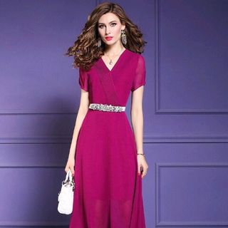 Đầm voal cổ chữ V giá sỉ