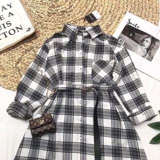 Váy sơ mi sọc caro kèm belt bọc vải