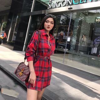 Váy sơ mi sọc caro kèm belt bọc vải