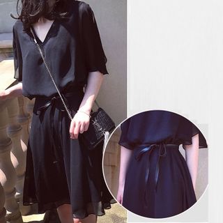 Đầm xòe thời trang cổ chữ V có dây da thắt eo sang trọng 102