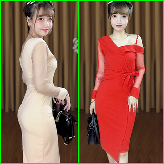 Đầm ôm body dự tiệc phối tay lưới