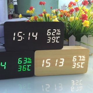 Đồng hồ báo thức led gỗ hình chữ nhật Nhiệt độ - Độ ẩm