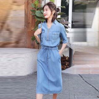 Đầm Kiểu Cổ Sơ Mi Dây Kéo Rút Eo Cá tính