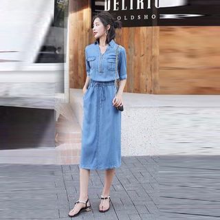Đầm Kiểu Cổ Sơ Mi Dây Kéo Rút Eo Cá tính