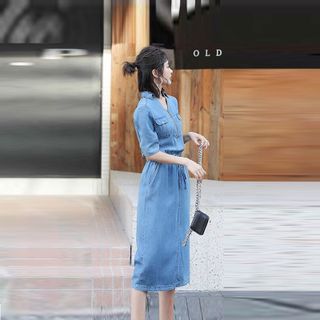 Đầm Kiểu Cổ Sơ Mi Dây Kéo Rút Eo Cá tính