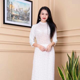 Áo dài phối tay hoa nhí màu trắng