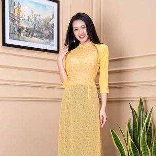 Áo dài hoa nhí phối tay màu vàng