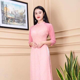 Áo dài hoa nhí phối tay màu hồng