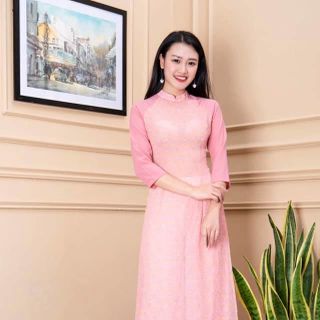 Áo dài hoa nhí phối tay màu hồng