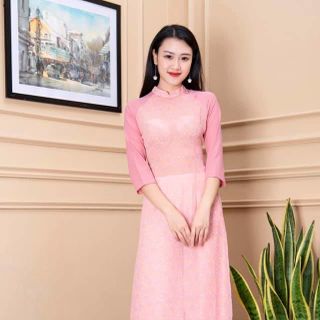 Áo dài hoa nhí phối tay màu hồng