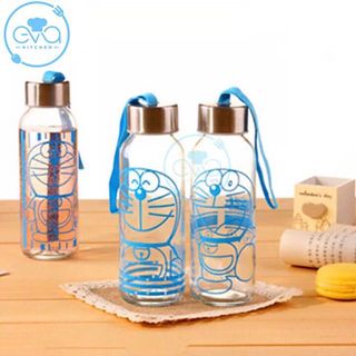Bình Đựng Nước Thủy Tinh In Họa Tiết Hoạt Hình Mèo Mon Trong suốt Và Mờ Có Dây Xách 300 Ml