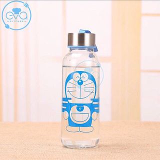 Bình Đựng Nước Thủy Tinh In Họa Tiết Hoạt Hình Mèo Mon Trong suốt Và Mờ Có Dây Xách 300 Ml
